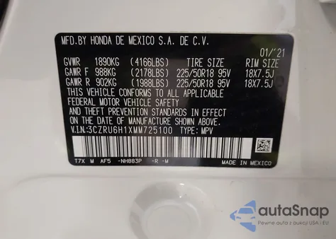 2021 Honda Hr-V Sport из США, поврежденный, VIN 3CZRU6H1XMM725100